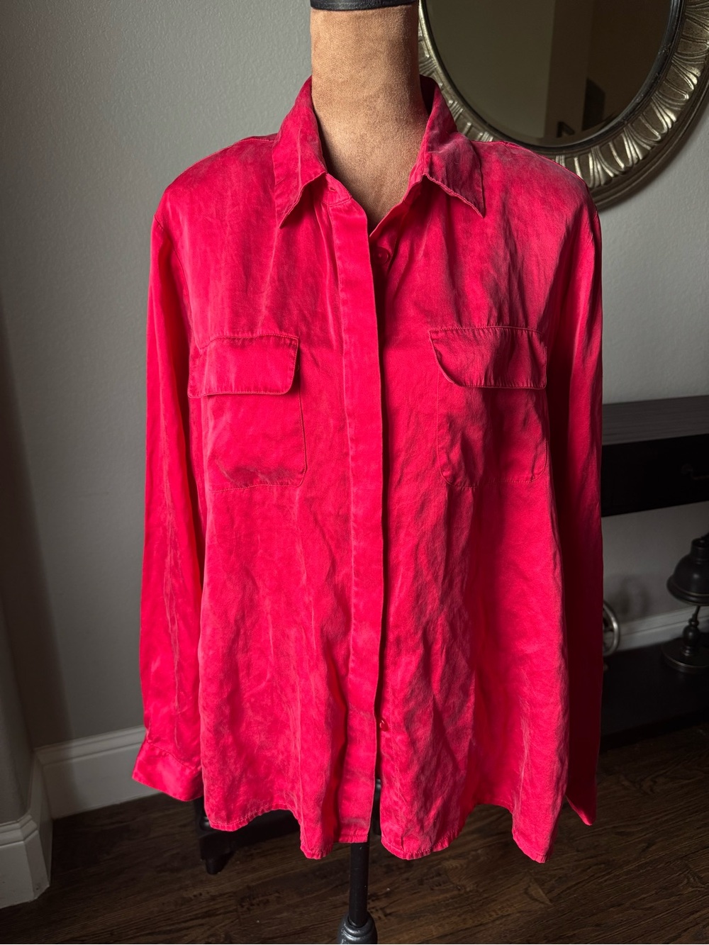 Anna And Frank Silk Vintage Top in Ruby Red | Button Down Shoulder Pads Large